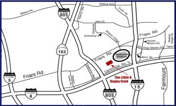 Locator map showing Little Q Rugby Field beside San Diego Stadium in Mission Valley