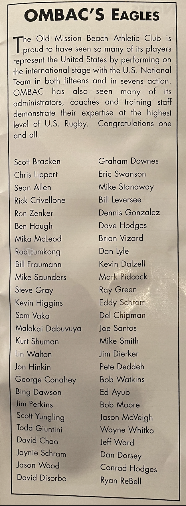 Printed OMBAC Eagles roll with 52 player and staff names