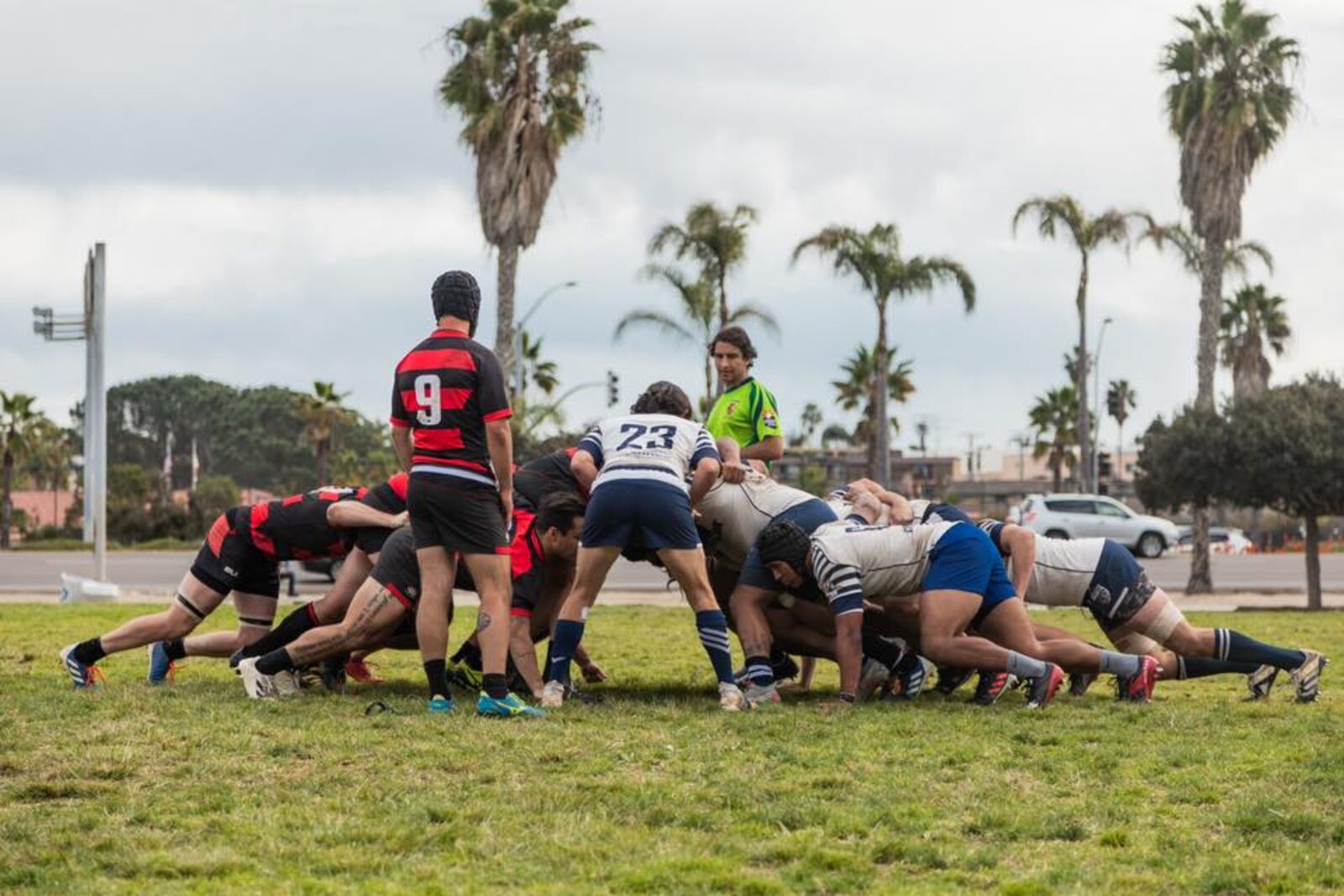 An OMBAC scrum engages at Robb Field