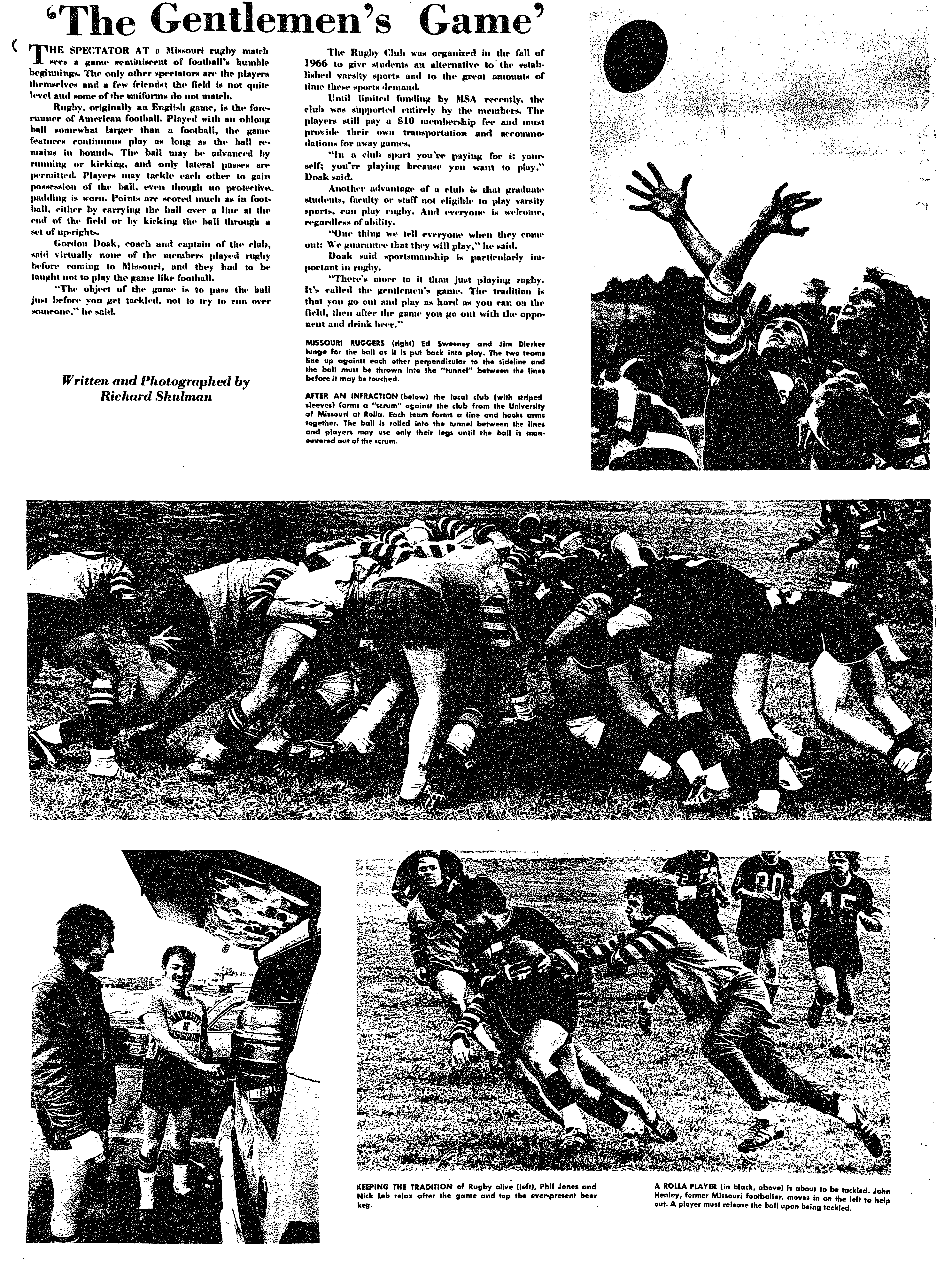 Missouri ruggers Ed Sweeney and Jim Dierker contest the lineout. Published May 9, 1972, in The Gentlemen’s Game. Photo: Richard Shulman / Columbia Missourian.
