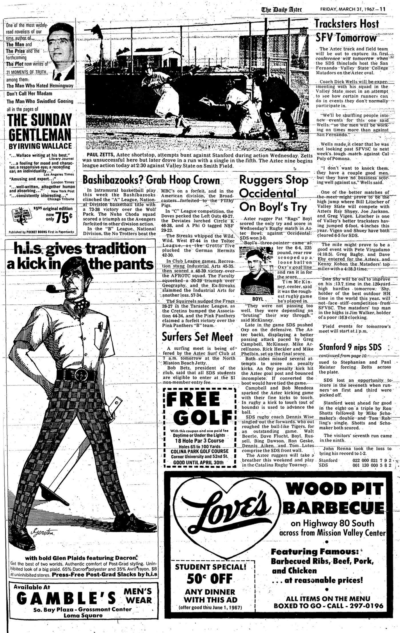Pat “Rags” Boyl · Daily Aztec match report, March 31, 1967