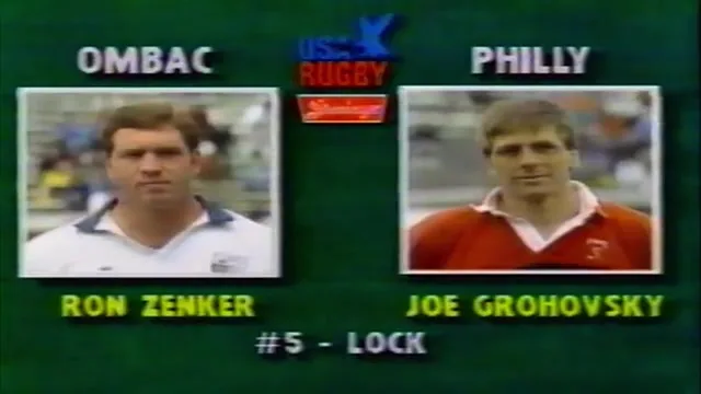 Ron Zenker, OMBAC number 5, in the named portrait graphic before the 1989 USA Rugby national final against Philadelphia-Whitemarsh; full-frame broadcast still at approximately 5:55.