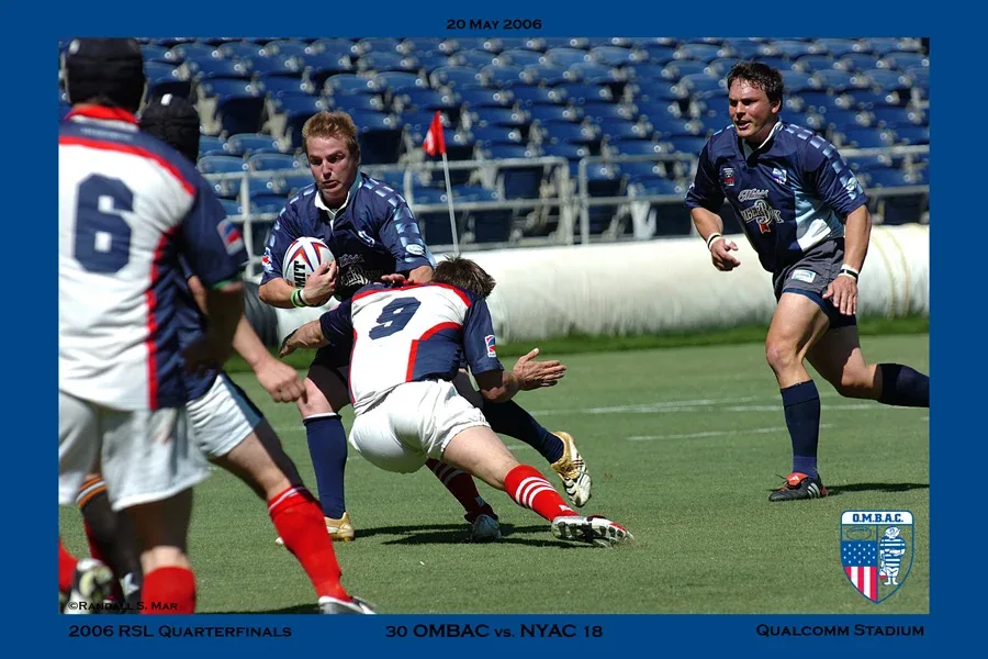 Riaan Hamilton, OMBAC number12, with Chris Frara number13 during the20May2006RugbySuperLeaguequarter-final againstNYAC.