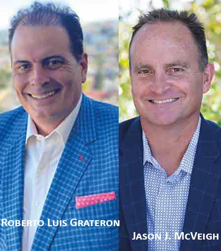 Jason J. McVeigh (right), Fi Company vice president of sales, pictured with Roberto Luis Grateron. Both subjects are labelled in the original image.