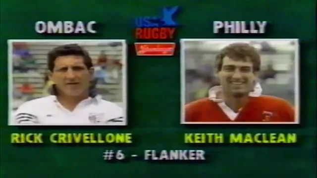 Rick Crivellone, OMBAC number 6, in the named portrait graphic before the 1989 USA Rugby national final against Philadelphia-Whitemarsh; full-frame broadcast still at approximately 6:15.